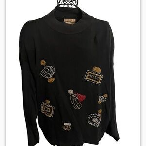 JOU JOU Vintage 1980s Black Long Sleeve Sweater Applied Jewelry Mock Neck OSFA